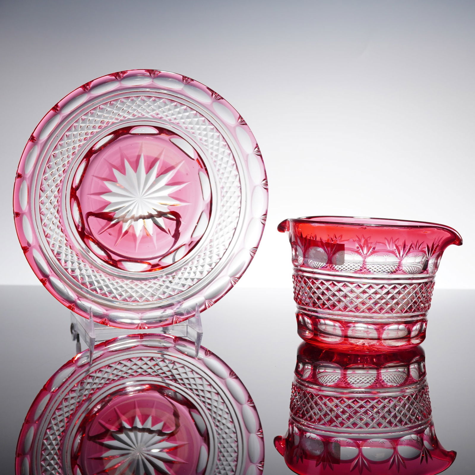 A Pair of Bohemian Cranberry Cut-to-Clear Crystal Plate and Jug Set (1 of 3)