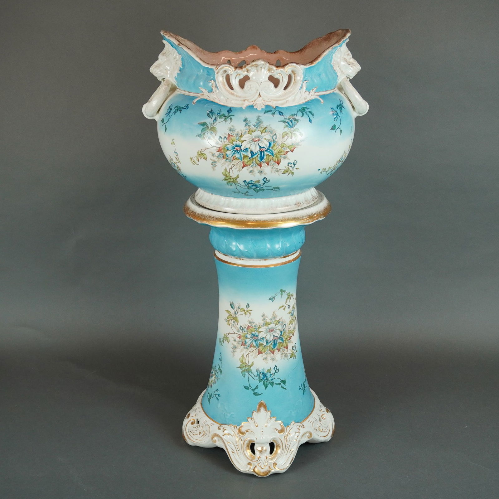 2 Rococo Revival Gilt Floral Jardiniere & Pedestal Set, BA China (1 of 6)