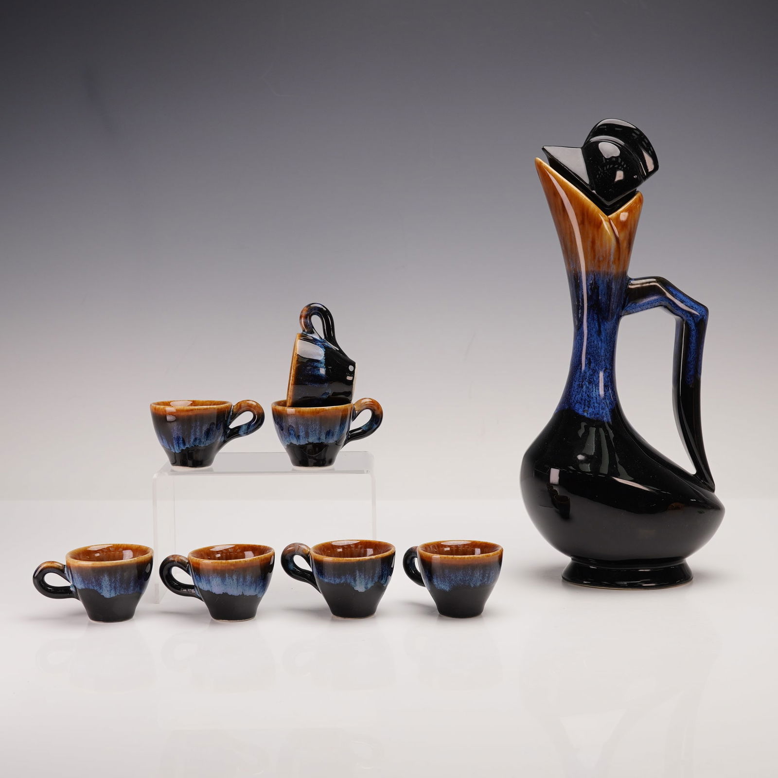 8pc Mid-Century Drip Glaze Ceramic Decanter and Cup Set (1 of 6)