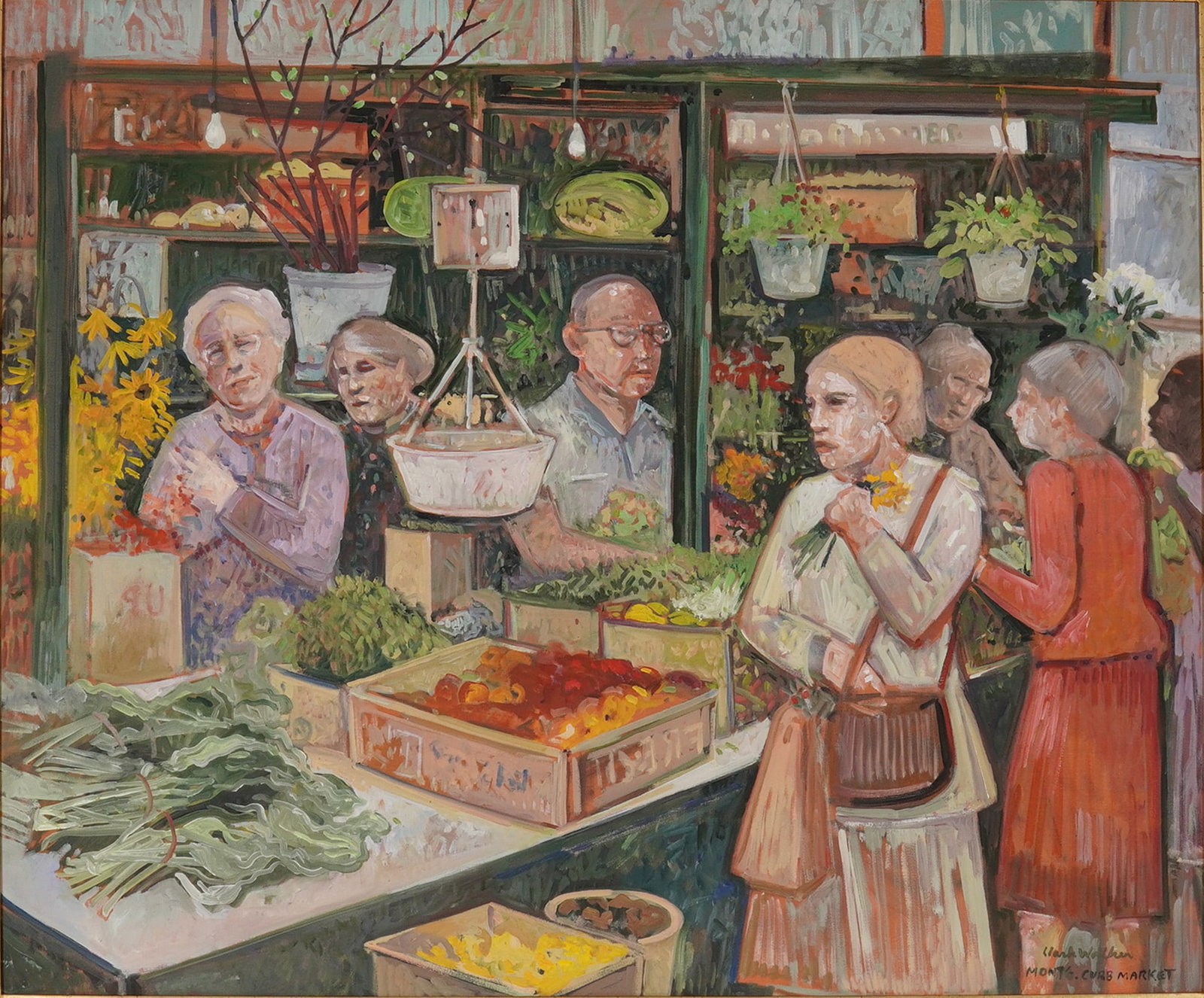 Clark Walker (American 1940-2025) Oil on Canvas, Montgomery Market, Signed: An original oil on canvas by Clark Walker that captures the bustling everyday poetry of a Montgomery, Alabama country market. Walker's brushwork is energetic and layered, bringing to life a richly pop