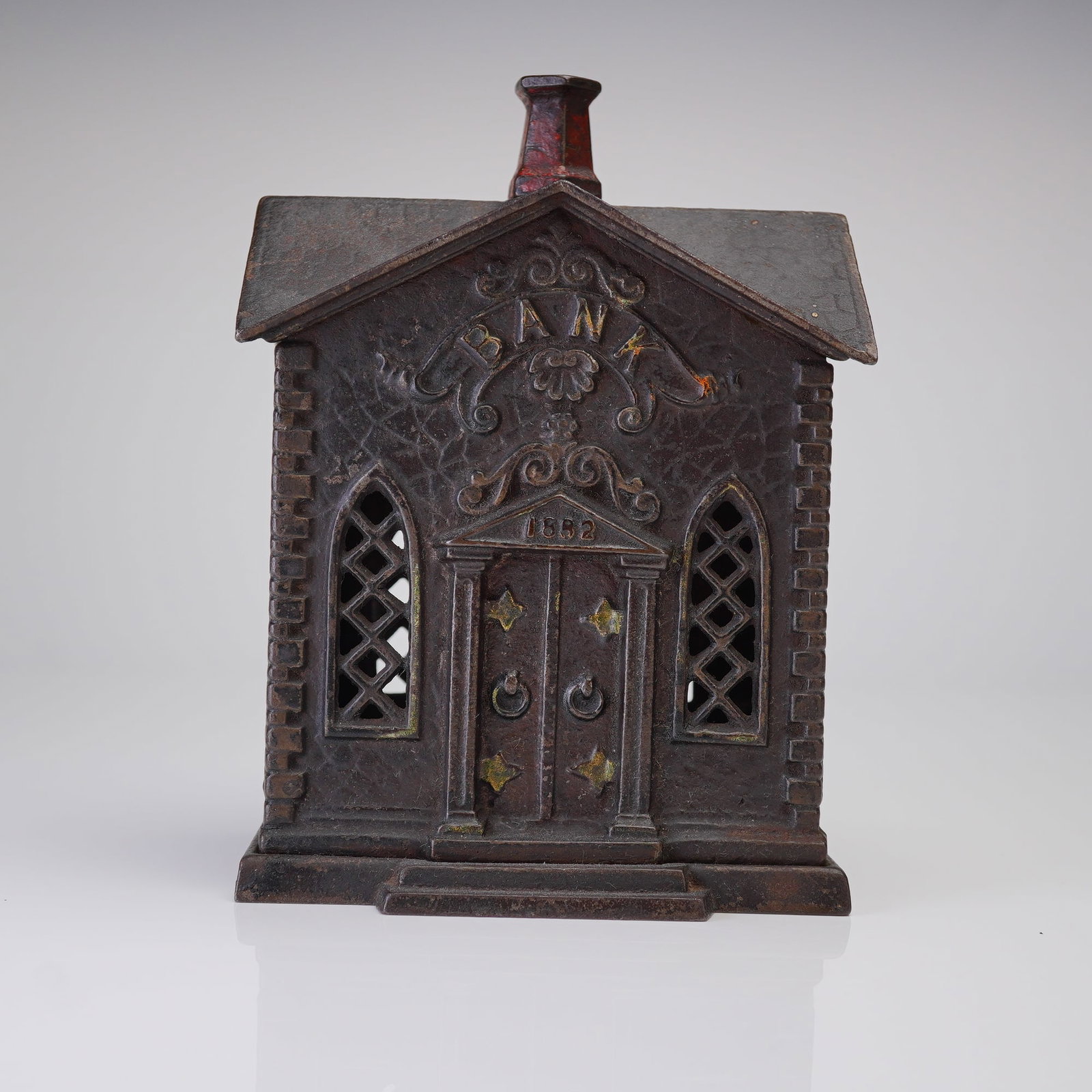 1882 Cast Iron Still Metal Coin Bank Building Architectural Design (1 of 4)