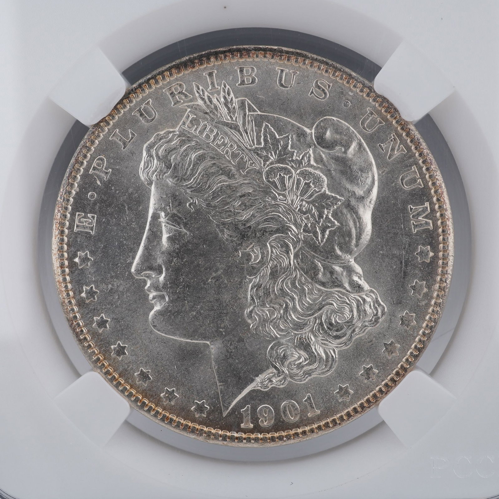 1901-O Morgan Silver Dollar: A 1901-O Morgan Silver Dollar, struck at the New Orleans Mint and composed of ninety percent silver and ten percent copper. The obverse displays George T. Morgan's classical effigy of Liberty, wearing
