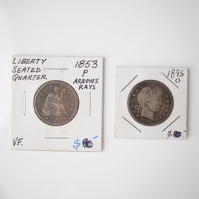 2pc 1853-P Liberty Seated Quarter & 1895-O United States Barber Quarter