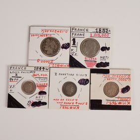 5pc French 1844 to 1894 Franc & Centimes Coins