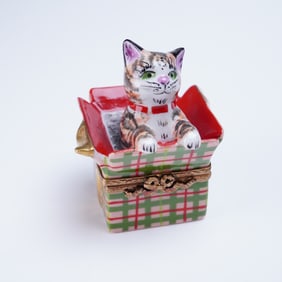 Rochard Limoges Cat Emerging from Gift Box Trinket Box