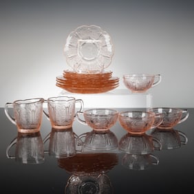 14Pc Jeannette Depression Glass Tea Set Service For 4, Pink Cherry Blossom