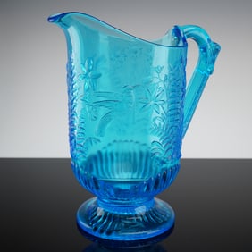 EAPG Blue Pressed Glass Hummingbird and Ferns Water Pitcher