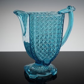 Early American Pressed Glass Blue Pitcher in Quilted Pattern