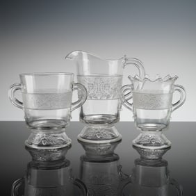 3pc EAPG Glass Pitcher & Dual Handled Vases, Flower Band