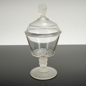 Duncan & Miller Three Faces Pressed Glass Covered Compote