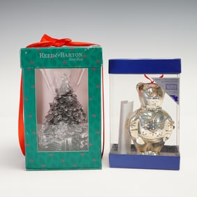 2pc Reed & Barton Silverplated Bear Ornament and Musical Christmas Tree