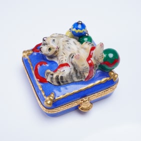 Artoria Limoges Trinket Box Cat & Christmas Ornaments Hand-Painted