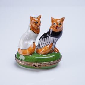 Limoges France Hand-Painted Porcelain Trinket Box, Bride and Groom Cats