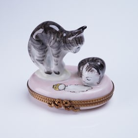 Rochard Limoges France Hand-Painted Trinket Box, Two Cats with Spilled Milk