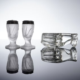 3 EAPG  Central Glass Co Figural Hand Glass Shakers & Gillinder Fist Dish