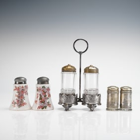 7pc Victorian Seasoning Shakers and Wilcox Quadruple Silver Plate Stand