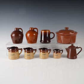 10pc Assorted Brown Glazed Pottery and Metal Kitchenware, Jugs, Casserole
