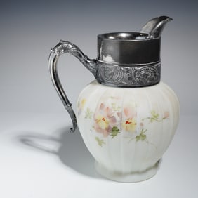 A Victorian Milk Glass Pitcher Jug with Silver-Plated Mounts