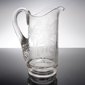 Early American Pressed Glass Hunting Scene Pitcher