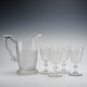 5pc Gillinder & Sons EAPG Pitcher & Goblets Set, Westward Ho