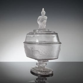 Gillinder & Sons Pressed Glass Covered Compote, Westward Ho