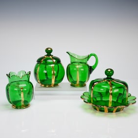 A Four-Piece Riverside Glass Works X-Ray Green Table Set