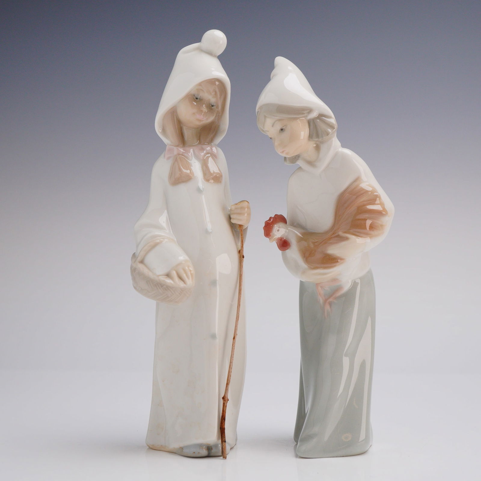 2pc Lladro Figurines, Shepherdess with Basket & Girl with Rooster (1 of 3)