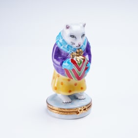 Artoria Limoges Hand-Painted Limited Edition Trinket Box, Cat Bearing Gift