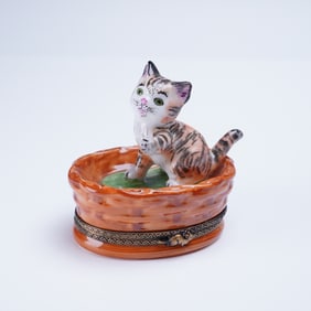 Decor Ceram Limoges Trinket Box Tabby Kitten Hand-Painted