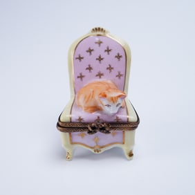 Limoges France Hand-Painted Porcelain Trinket Box Cat on Chair