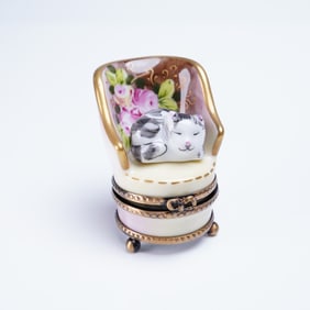 Limoges France hand-Painted Porcelain Trinket Box, Cat Resting on Armchair