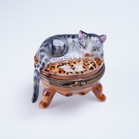 Rochard Limoges France Hand Painted Porcelain Trinket Box Resting Cat