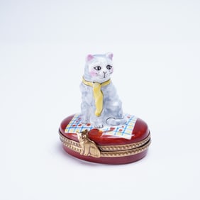 Rochard Limoges France Hand-Painted Porcelain Cat Trinket Box