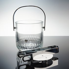 Orrefors Swedish Crystal Ice Bucket Set with Tongs and Strainer