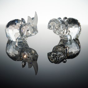 2pc Swarovski Silver Crystal Figurines, Hippo and Rhino