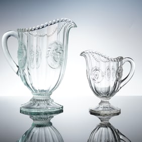 Pair of National Glass Co Pressed Glass Gibson Girl Pitcher and Creamer