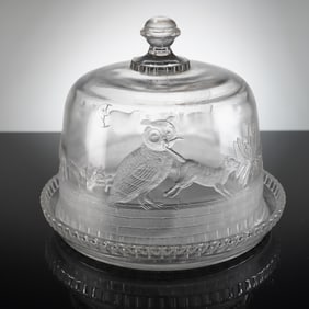 2pc EAPG Cheese Dome with Owl & Cat Design
