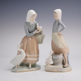 2pc Lladro Figurines, Shepherdess with Ducks & Girl with Milk Pail