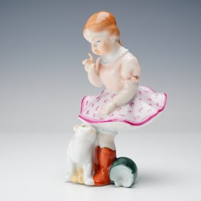 Herend Porcelain Figurine, Girl with a Cat and Spilt Milk