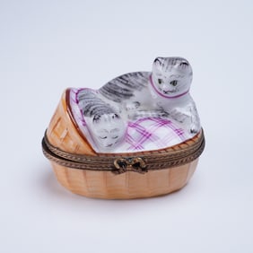 Limoges France Hand-Painted Porcelain Trinket Box Two Resting Cats in Crib