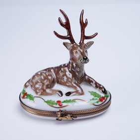 Rochard Limoges France Hand Painted Winter Reindeer Trinket Box