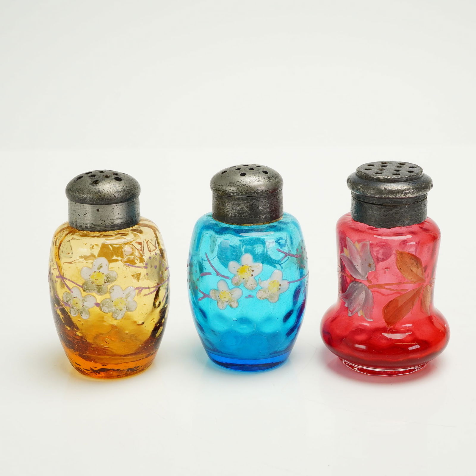 A Trio of Antique Hand-Painted Floral Enameled Glass Saltshakers (1 of 3)