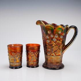 Three Piece Northwood Marigold Carnival Glass Raspberry Water Set