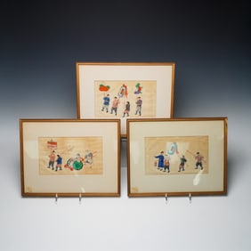 3pc Chinese Rice Paper Paintings of Procession Scenes