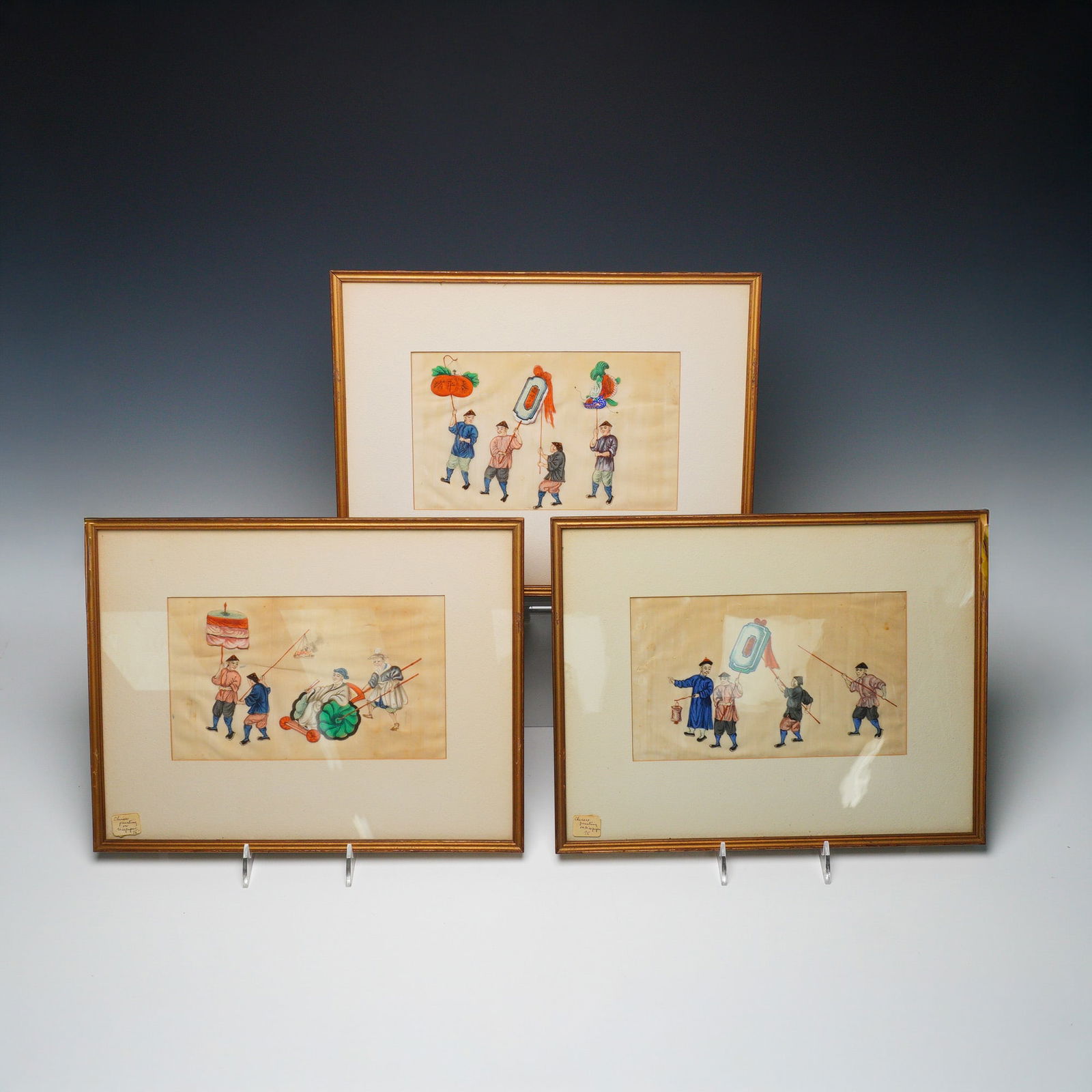 3pc Chinese Rice Paper Paintings of Procession Scenes: A captivating set of three Chinese paintings on rice paper, finely executed with bright pigments depicting lively procession scenes. Each composition showcases richly dressed figures in traditional at