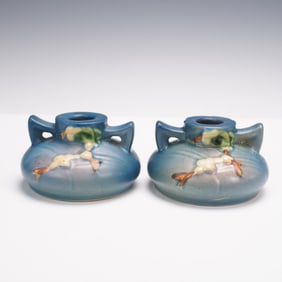 Pair of Roseville Pottery Snowberry Blue Candle Holders ICS1