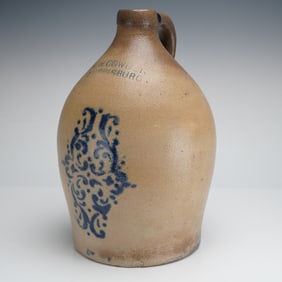 F.H. Cowden Cobalt Blue Decorated Stoneware Jug