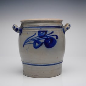 Westerwald-Style Salt Glazed Stoneware Cobalt Decorated Handled Crock