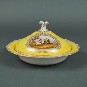 Meissen Yellow-Ground Covered Dish w/ Equestrian Scenes