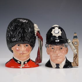 2pc Royal Doulton Large Character Jugs, The Bobby D6744 & Guardsmen D6755